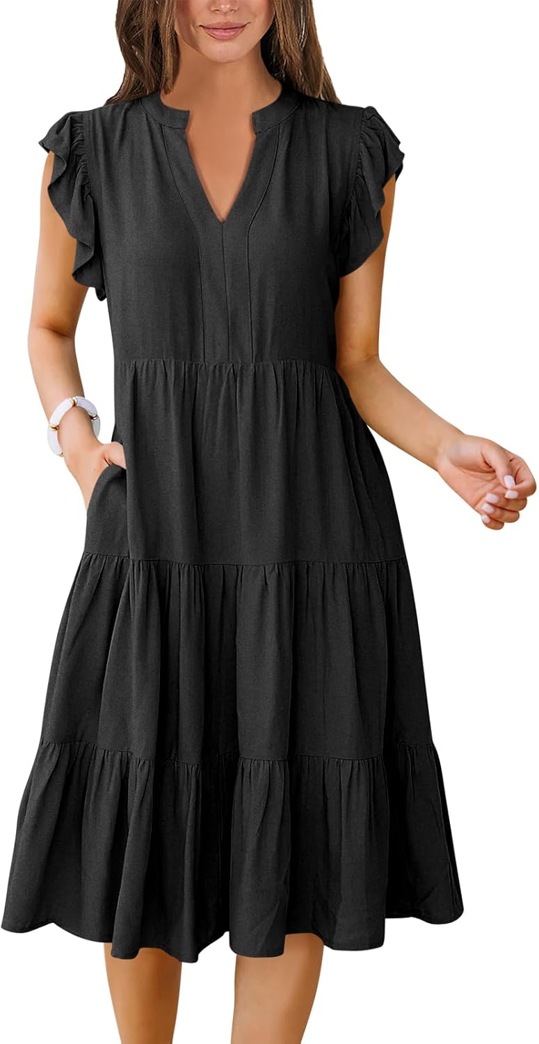 Womens Summer Dress Ruffle Sleeve V Neck Midi Fashion Casual