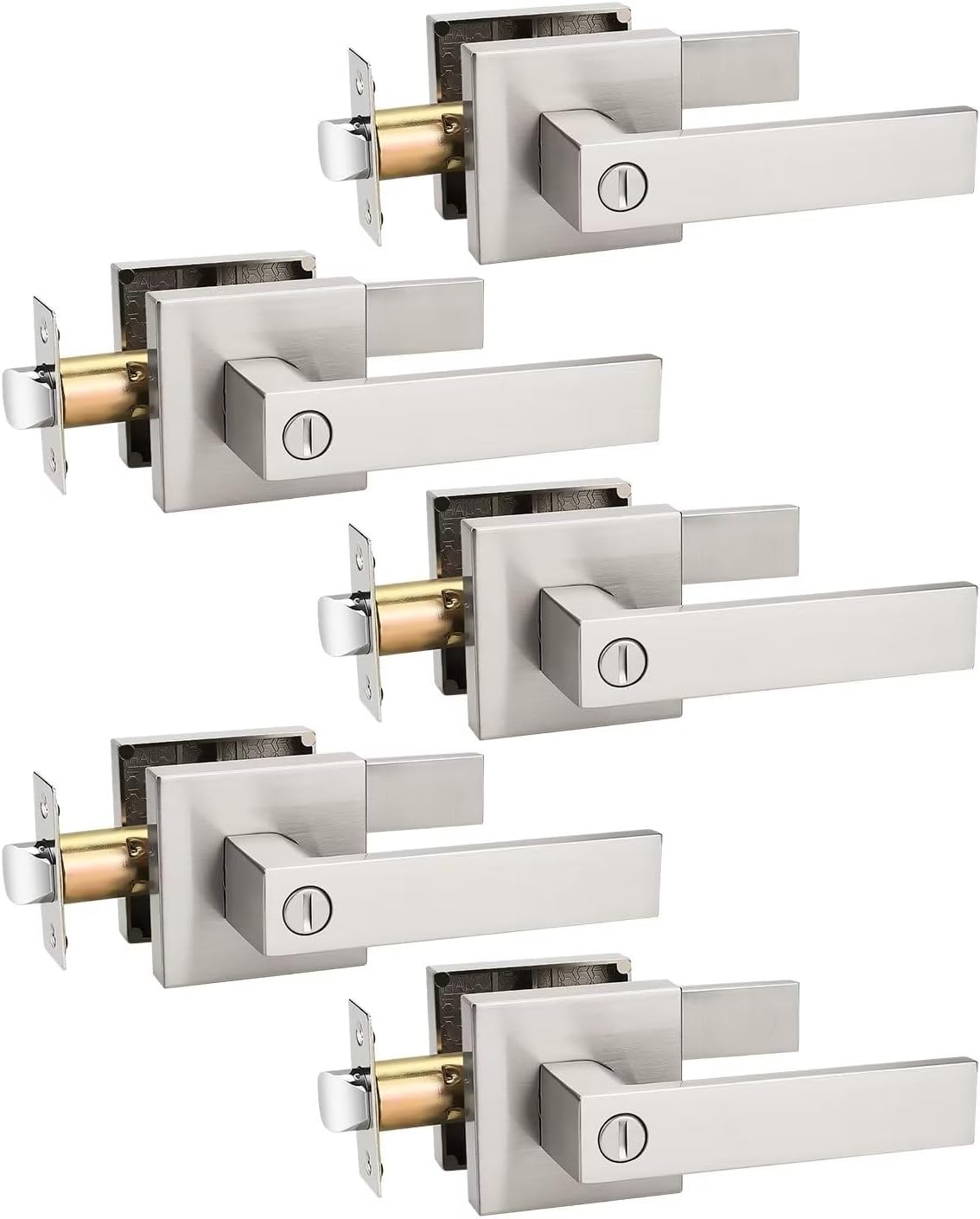 5 Pack Privacy Square Brushed Nickel Door Handles for Home Use