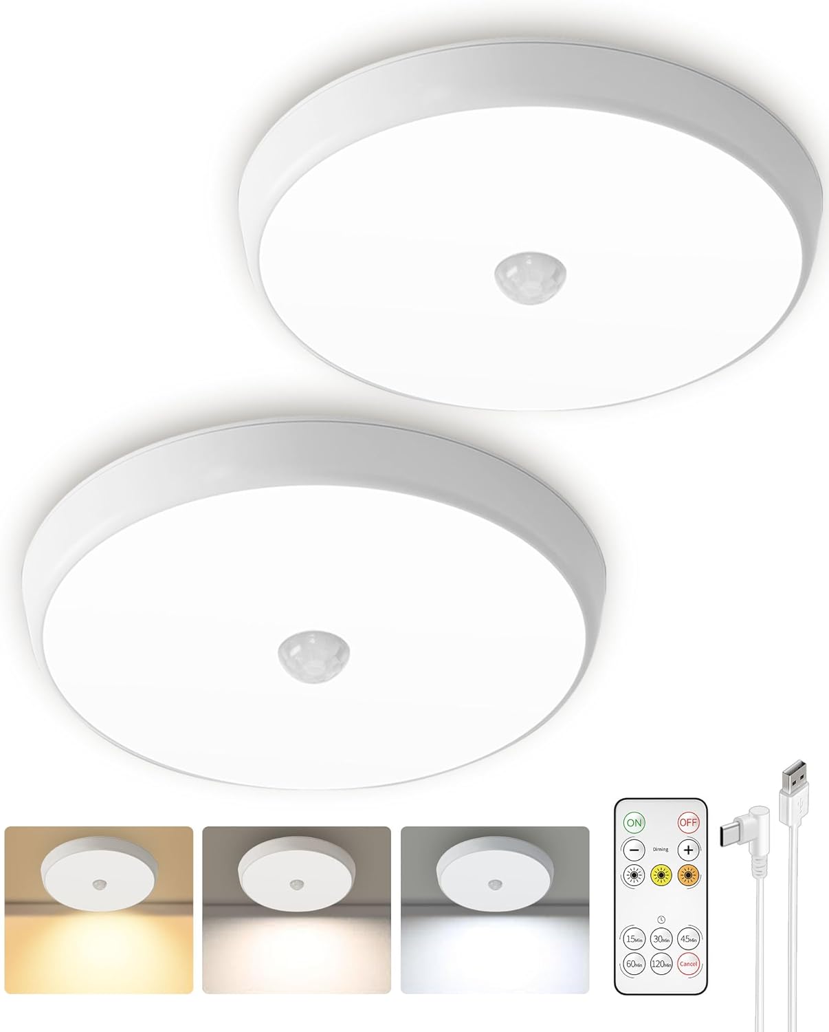 Motion Sensor Light Indoor, 2-Pack, Rechargeable Ceiling Light