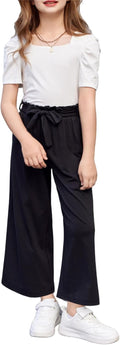 Girls 2 Pieces Outfits Square Neck Puff Sleeve Top and Pants Set
