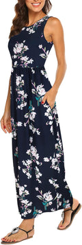 Women's Striped Sleeveless Flowy Maxi Dress - With Pockets