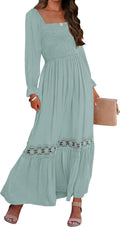 ZESICA Women's 2025 Boho Smocked Square Neck Maxi Dress - Flowy Lace