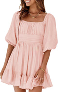Dokotoo Womens Square Neck Tie Back Lantern Sleeve Ruffle Dress