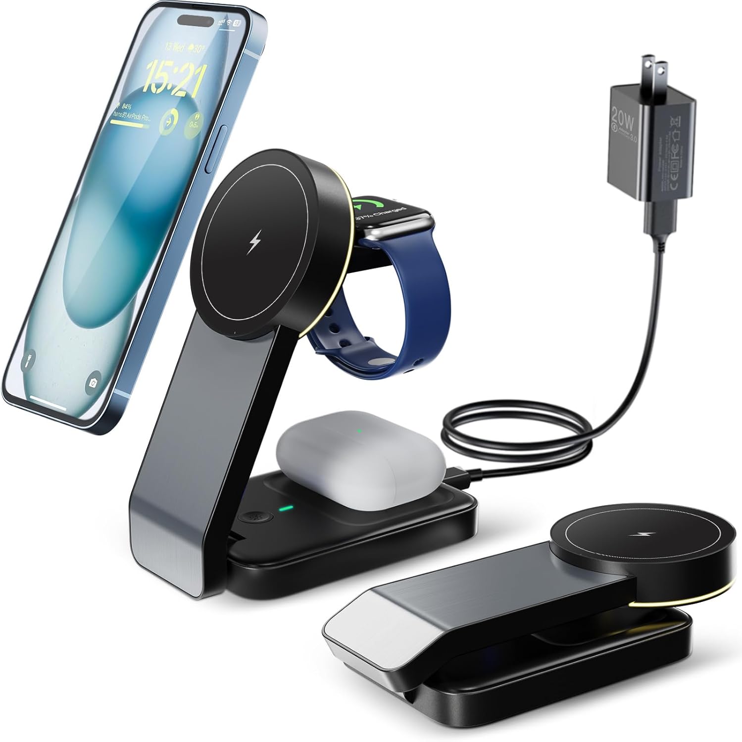 3 in 1 Wireless Charging Station for Apple Devices - Portable Mag-Safe