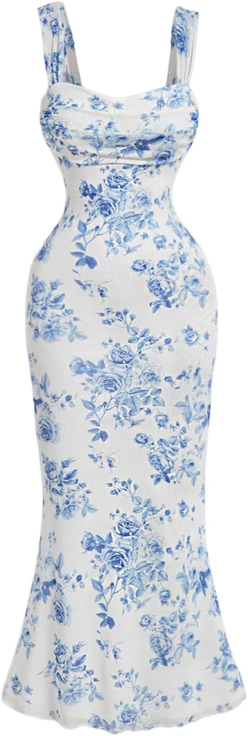 GORGLITTER Women's Floral Ruched Bodycon Summer Dress