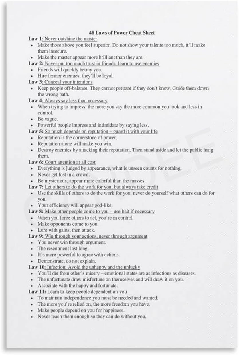Powerful 48 Laws Canvas Art 20x30 Unframed