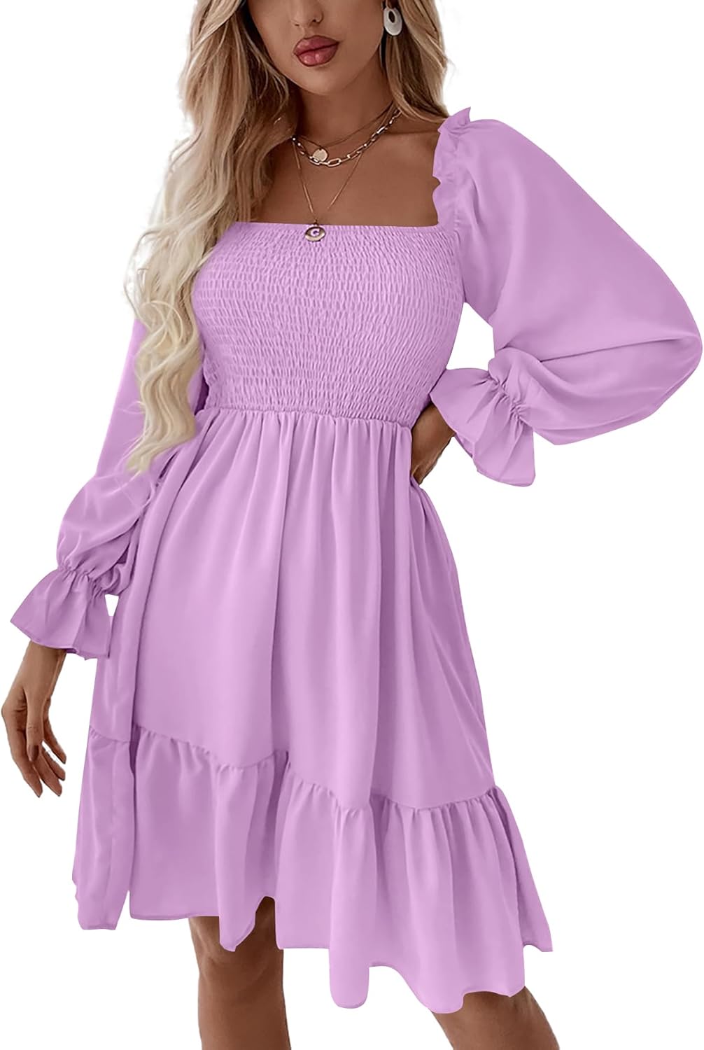 LYANER Women's Square Neck Lantern Long Sleeve Ruffle Dress