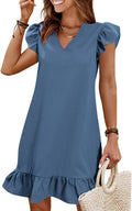 Spring Summer V Neck Ruffle Hem Smock Dress - Casual Beach Ready Shoes