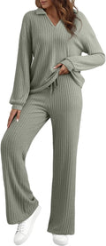 Womens Ribbed Knit Pajama Set Long Sleeve 2-Piece - Cozy Fit