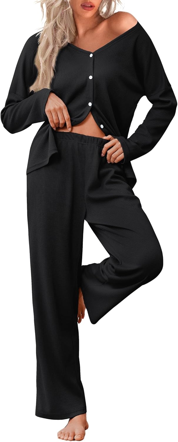 Ekouaer Womens Waffle Knit Pajamas Two-Piece Sleepwear Set