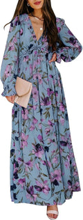 Women's Boho V Neck Long Maxi Dress - Flowy Floral Summer Fit