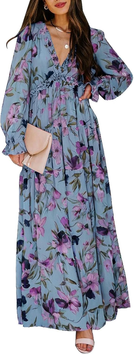 BLENCOT Womens Casual Boho Deep V Neck Short Sleeve Dress