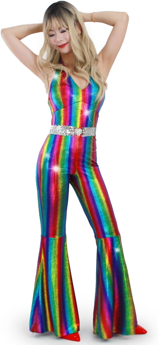 Nawgut Disco Outfit for Women: 70s 80s Flare Jumpsuit Costume