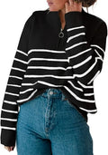 Women's Striped Half Zip Sweater - Loose Knit Fall Pullover