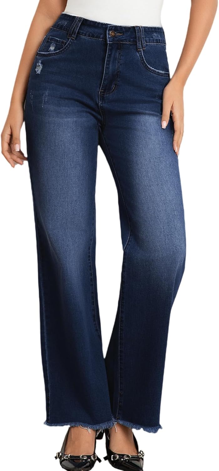 Wide Leg Jeans for Women with Mid High Waist and Frayed Hem