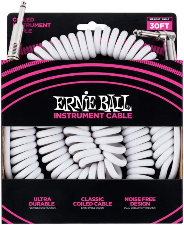 Ernie Ball 30ft Coiled Instrument Cable - White - Tangle-Free Performance