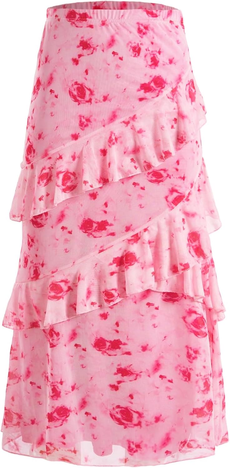 Verdusa Women's Boho Skirt Flowy Flared Ruffle Maxi Skirt