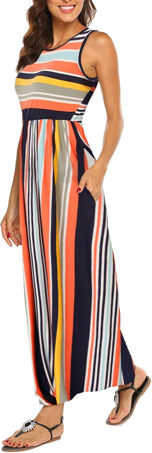 Hount Women's Summer Sleeveless Striped Flowy Maxi Dress with Pockets