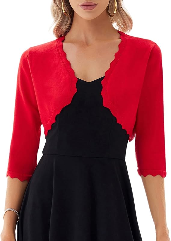 GRACE KARIN Women's 3/4 Sleeve Open Front Scalloped Bolero Shrug