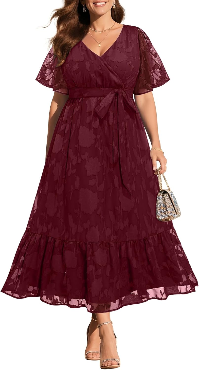 Plus Size Wrap V Neck Maxi Dress for Wedding Guests and More