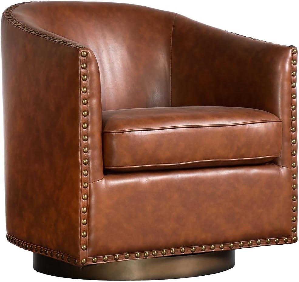 360 Swivel Barrel Chair, Nail Head Trim, Brown LeatherSoft
