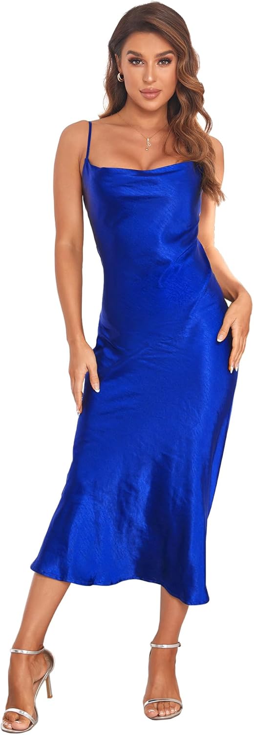 Women's Spaghetti Strap Midi Satin Silk Dress for Parties