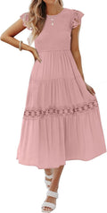 Women's Smocked High Waist Flutter Sleeve Midi Dress - Lace Trim