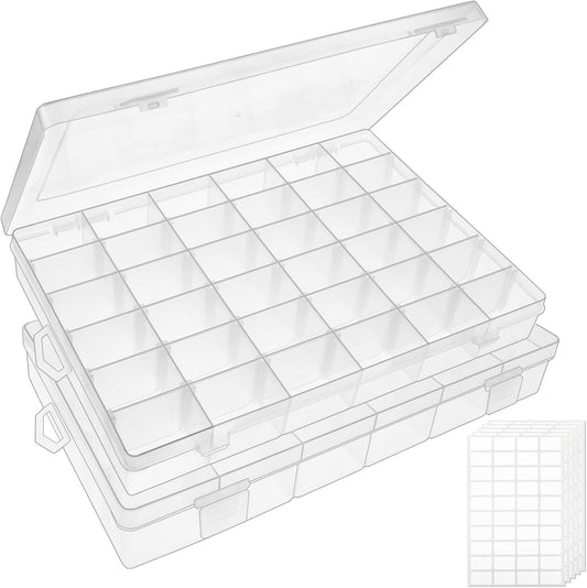 OUTUXED Clear Plastic Organizer Box - 36 Grids, Adjustable Dividers, 5 Label Stickers