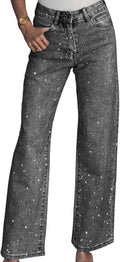 Straight Leg Rhinestone High Waisted Pearl Boyfriend Jeans - Sparkly