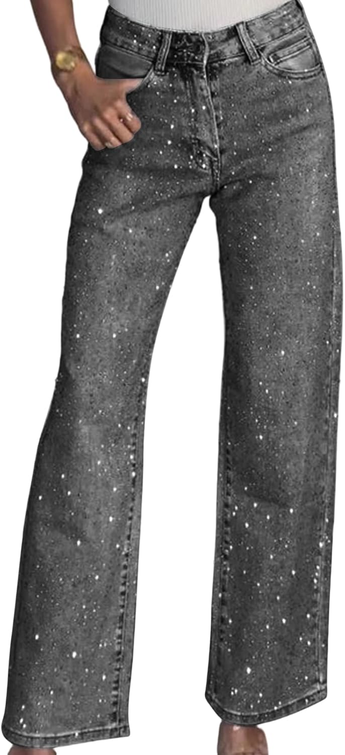 Unybwonn Straight Leg Jeans with Rhinestones and Pearls for Women