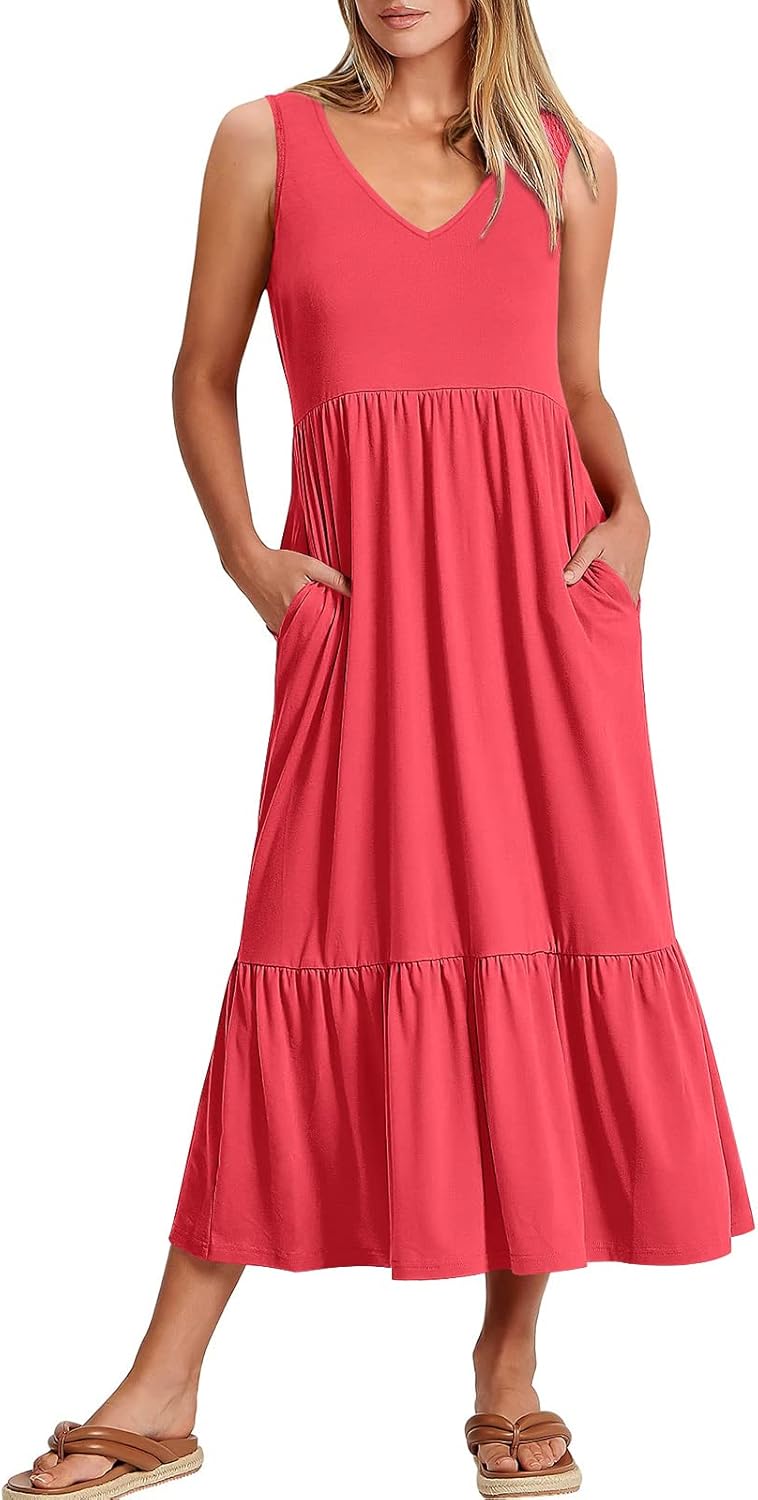 Womens Summer Maxi Dresses Fit & Flare Flowy V Neck Sleeveless