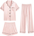 Womens Silk Satin Pajama Set 3Pcs - Short Sleeve, Shorts & Pants