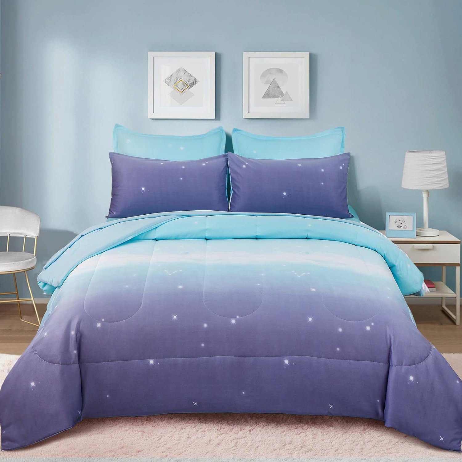 Dinjoy Girls Comforter Set King Size Ombre Blue Purple Rainbow