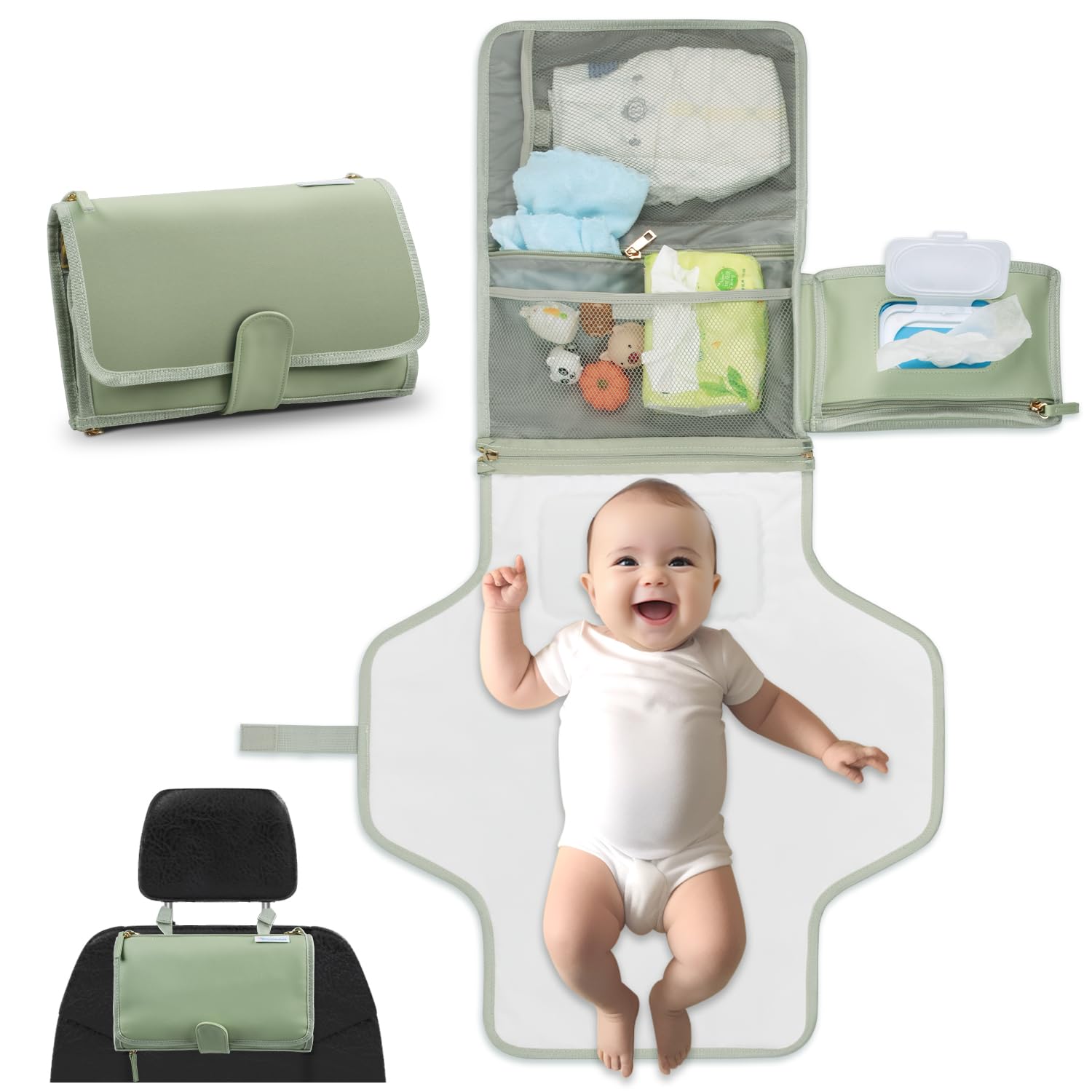Portable Diaper Changing Pad for Newborns - Sage Green Design