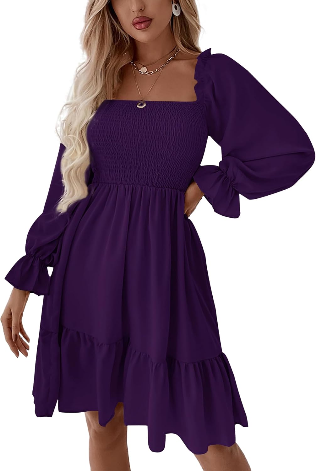 LYANER Women's Square Neck Lantern Long Sleeve Ruffle Dress