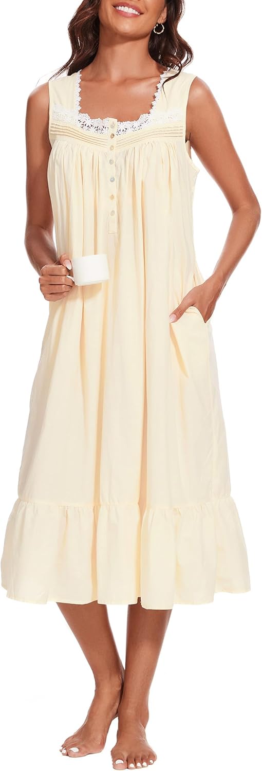 100% Cotton Nightgowns for Women with Pockets - Comfy Sleepwear