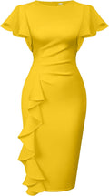 Women's Vintage Ruffle Sleeve Ruched Bodycon Midi Dress - Flattering