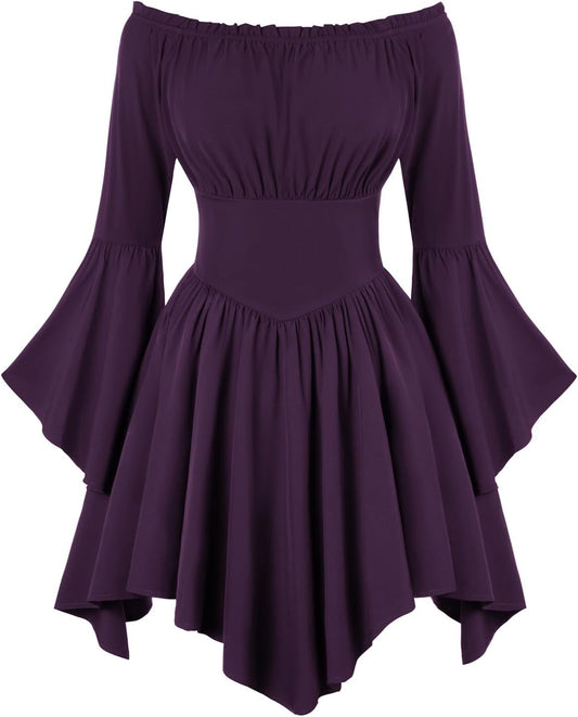 Renaissance Costume Dress for Women with Bell Sleeves and Pockets