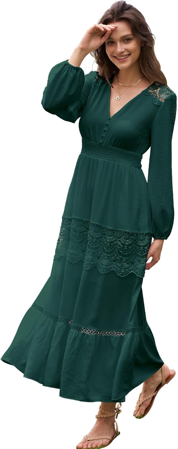 Long Sleeve Maxi Dress for Women Boho Flowy Wedding Guest