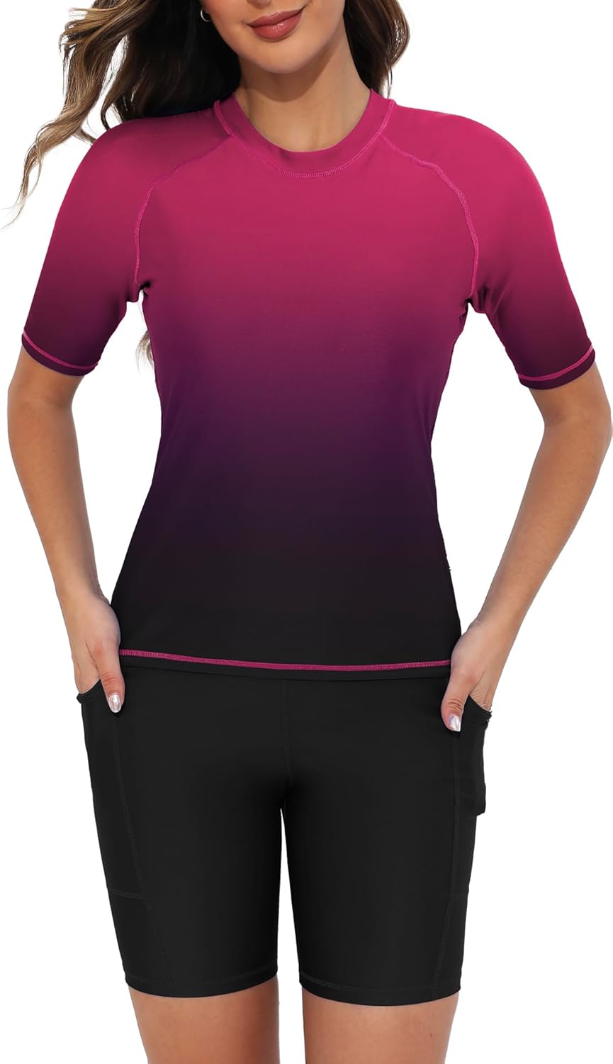 Tournesol Women's Two Piece Rash Guard Swim Set with Pockets