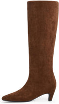 Knee High Boots Women Square Toe Kitten Heel Brown Suede