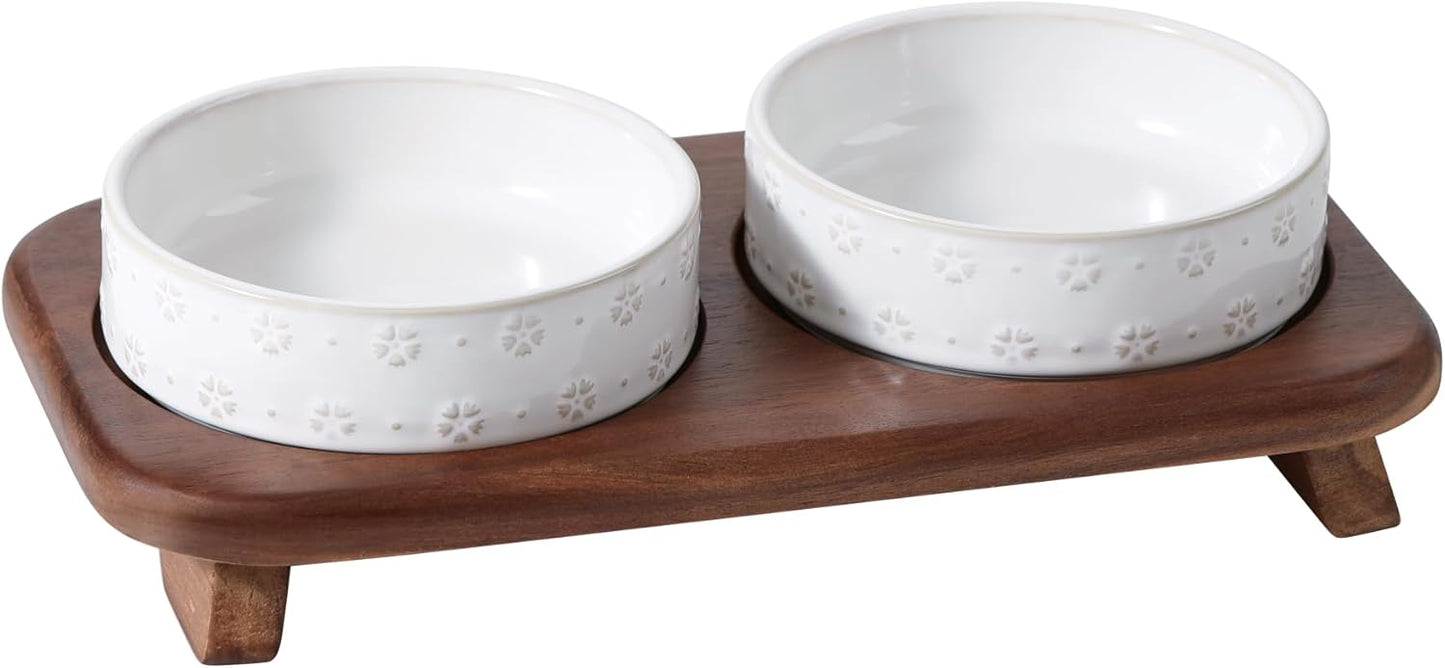 6.1inch Raised Double Cat Bowls Set with Acacia Wood Stand