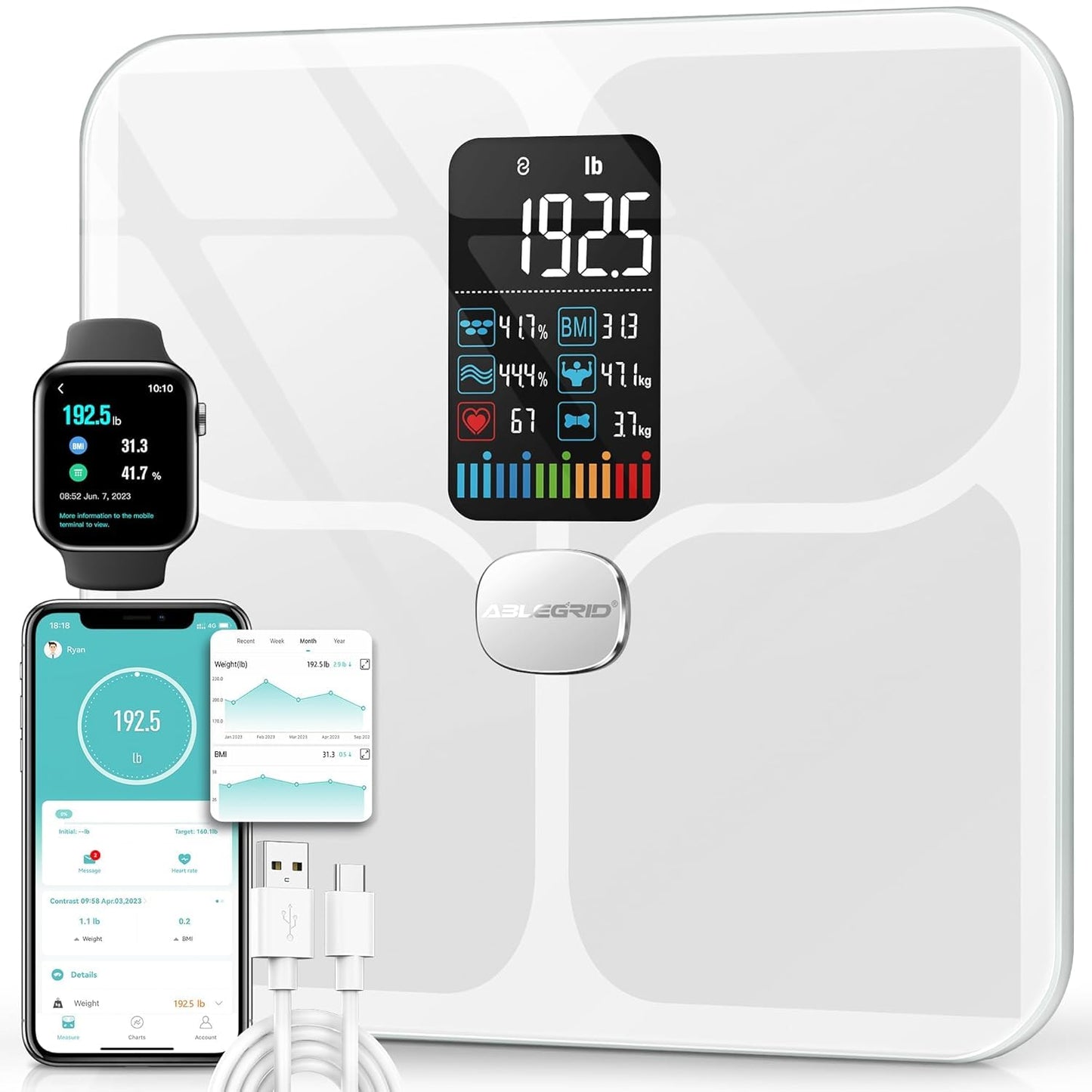 ABLEGRID Body Fat Scale with Large Display and 16 Metrics