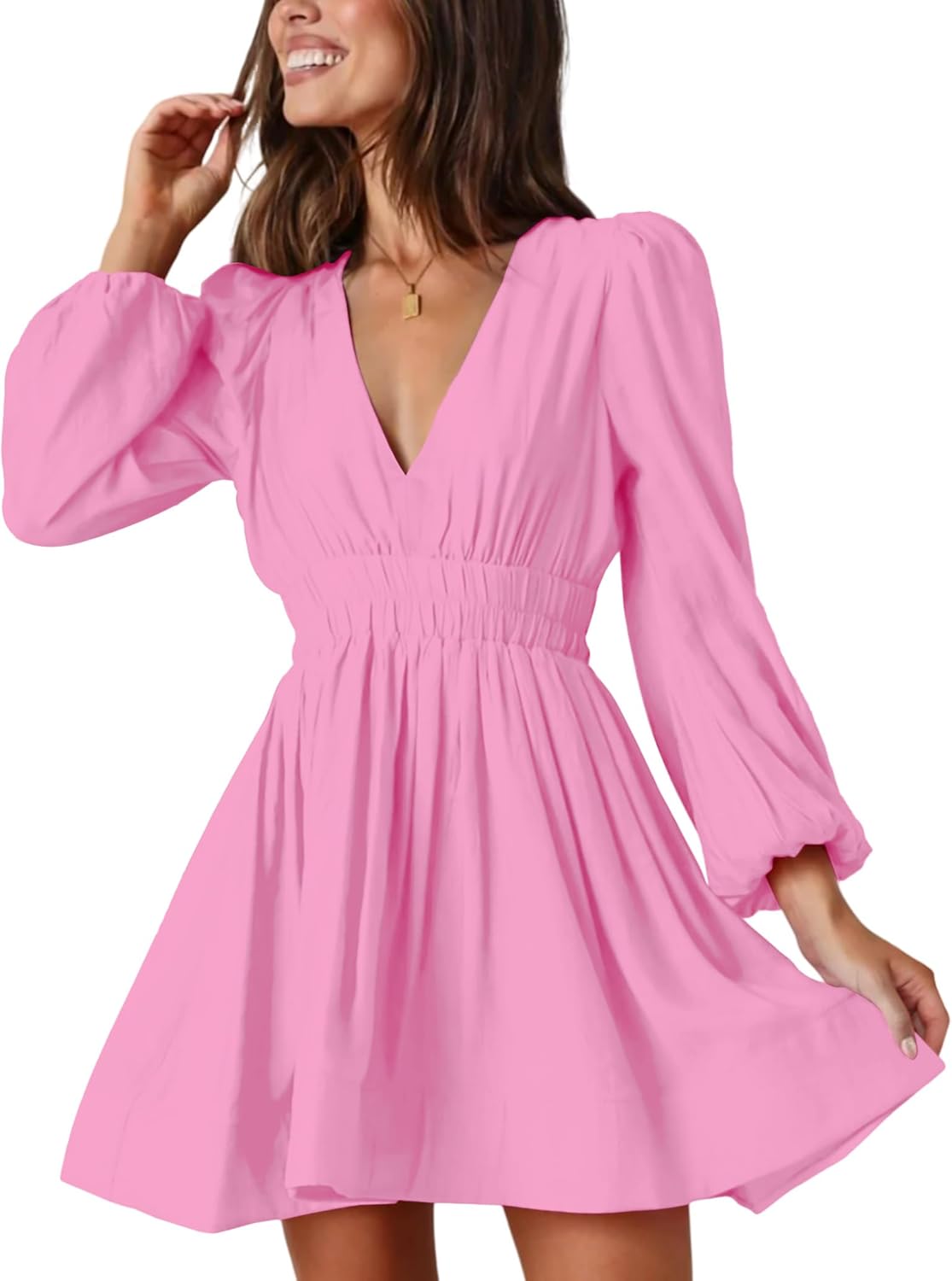 Mini Deep V Sexy Long Sleeve Dress for Women - Flowy A-line Style