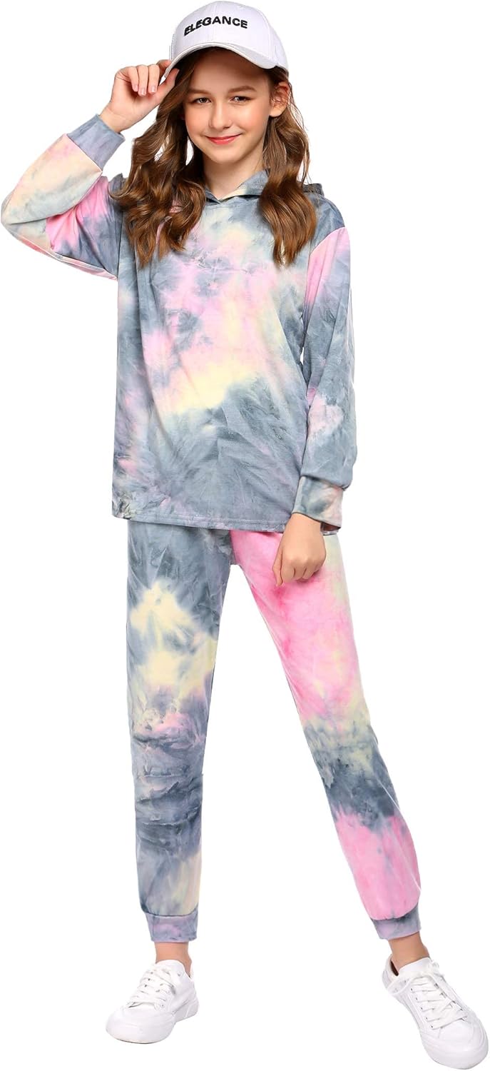 Arshiner Girl's 2 Piece Tie-dye Pullover Hooded Sweatshirt Set