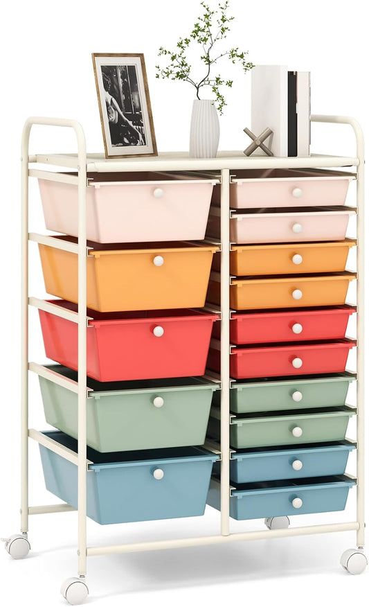 15-Drawer Mobile Rolling Utility Cart for Craft and Storage