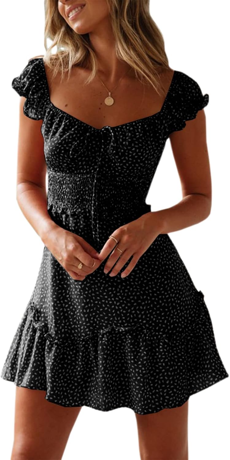 YOBECHO Womens Summer Ruffle Sleeve Sweetheart Neckline Dress