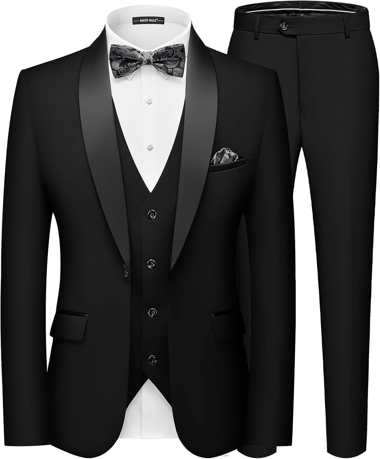 MAGE MALE Men's Slim Fit 3 Piece Suit with Tie and Pocket Square