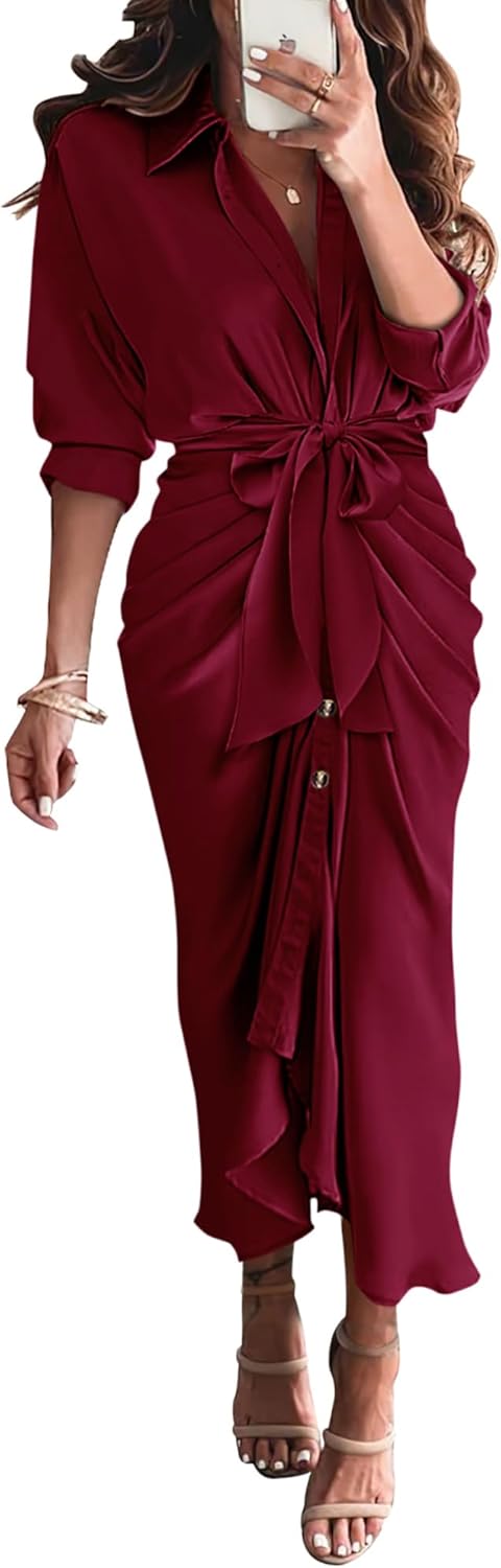Elegant Satin Maxi Dress for Women - Long Sleeve Button Down