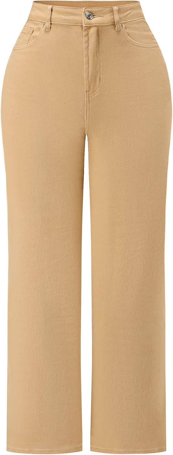 High Waisted Wide Leg Jeans for Women - Stretchy Distressed Denim